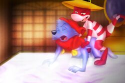 3_toes 4_fingers all_fours amegared anal anal_sex anthro anthro_on_anthro arm_tuft bed bent_legs bent_over black_nose canid canine canis closed_eyes clothing colored coyote curling_tail digital_drawing_(artwork) digital_media_(artwork) doc_croc_(simsala_grimm) duo elbow_tuft feet fingers fool's_hat fur furniture half-closed_eyes hat headgear headwear inside lying male male/male mammal mirror mirror_reflection multicolored_body multicolored_fur narrowed_eyes on_bed on_side open_mouth paws penetration pink_body pink_scales plantigrade purple_body purple_fur raised_heel red_body red_clothing red_hat red_headwear red_scales reflection reptile scales scalie shaded simsala_grimm standing_on_toes striped_body striped_scales stripes tail thick_tail tiptoes toes tuft two_tone_body two_tone_fur white_sclera yellow_clothing yellow_hat yellow_headwear yoyo_(simsala_grimm)