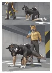 absurd_res all_fours anthro ass athletic athletic_anthro athletic_male balls black_body black_fur bodily_fluids bound camera canid canine canis captured cellphone chastity_device clothed clothed/nude clothing collar collared_shirt comic domestic_cat domestic_dog duo electronics felid feline felis forced forced_exposure forced_urination foreskin fur genital_fluids genitals hi_res humanoid_genitalia humiliation interspecies kemono leash leashed_collar male male/male mammal multicolored_body multicolored_fur muzzle_(object) muzzled nude nude_anthro nude_male peeing penis phone pngx pointy_ears shadow shiba_inu shirt smartphone spitz steam text topwear torture two_tone_body two_tone_fur uncircumcised urine url