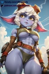 1girls abs ai ai_assisted ai_generated anime artist_name bare_shoulders belt blue_skin blue_sky breasts brown_belt brown_gloves cameltoe cloud colored_skin cowboy_shot day dibzprintz elbow_gloves fansly female fingerless_gloves from_below gloves goggles goggles_on_head hi_res high_quality high_resolution highres large_breasts league_of_legends navel oerba_yun_fang outdoors panties parted_lips pointy_ears riot_games short_hair sky solo stomach sweat teeth thighs tristana underboob underwear watermark weapon white_hair yellow_eyes yordle