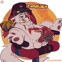 anthro balls belly big_balls big_penis blue_eyes bodily_fluids clothing eating erection fan_character food fur gaming_chair generation_3_pokemon genital_fluids genitals hat hat_only headgear headgear_only headwear headwear_only heterochromia hi_res male masturbation mostly_nude multicolored_body multicolored_fur nintendo nonbinary_(lore) pawpads paws penile penile_masturbation penis pokemon pokemon_(species) precum puggy red_body red_eyes red_fur simple_background solo two_tone_body two_tone_fur white_body white_fur zangoose