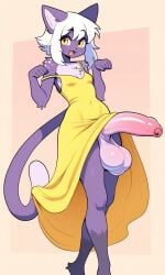 :3 ai_generated balls big_balls big_cock big_dick big_penis bottomless cat_girl catgirl female furry furry_female futanari intersex large_penis penis purple_fur skinny sundress white_hair yellow_dress