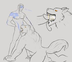 anthro backsack balls big_balls blowjob canine cu_chulainn_(smite) cum cum_in_mouth cum_inside deepthroat fellatio fenrir_(smite) gay human human_on_anthro interspecies male male_only mammal monochrome muscular olethros oral penis saliva sex size_difference small_dom_big_sub smite tattoo testicles wolf yaoi