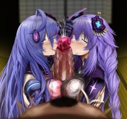 1boy 2girls absurd_res big_breasts big_penis blowjob blue_eyes bodily_fluids censored clothed_female goddess highres huge_cock ill_(0022) iris_heart looking_at_viewer neptune_(neptunia) neptunia_(series) nude_male paizuri penis pink_eyes plutia pov pubic_hair purple_hair purple_heart_(neptunia) sex_toy sounding sucking_penis urethral urethral_insertion