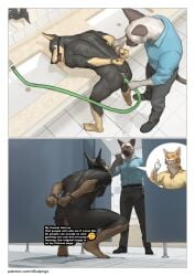 absurd_res anthro ass bathroom black_body black_fur brown_body brown_fur canid canine canis captured censored clothed clothed/nude clothing comic cuff_(restraint) dobermann domestic_cat domestic_dog duo enema english_text felid feline felis forced forced_exposure fur gag gagged gesture hand_gesture handcuffed handcuffs hi_res kemono male male/male mammal metal_cuffs multicolored_body multicolored_fur nude nude_anthro nude_male pinscher pngx pointy_ears restraints scat short_tail siamese tail tan_body tan_fur text thumbs_up torture two_tone_body two_tone_fur url white_body white_fur