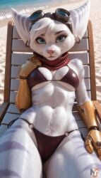 ai_generated anthro beach beach_chair bikini earrings female goggles_on_head jewelry looking_at_viewer on_back outdoors outside rivet_(ratchet_and_clank) scar solo