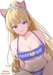 1girls absurdres animal_ears blonde_hair blue_bra blue_eyes blue_panties blue_scrunchie bra breasts cat_ears cat_lingerie center_opening collarbone highres karuizawa_kei long_hair looking_at_viewer medium_breasts navel panties ponytail scrunchie smile solo teeth thighs twitter_username underwear white_background xueli_shimazaki youkoso_jitsuryoku_shijou_shugi_no_kyoushitsu_e