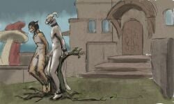 2022 anthro balls bound building cloud colored duo felid feline flaccid gag gagged genitals jeri_kleinlowe khajiit male male/male mammal microsoft nude nude_male outside overcast penis plant sky slave the_elder_scrolls tree