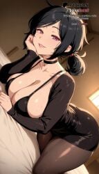 1girls ai_generated ashley_graves bed_sheet black_choker black_dress black_hair blush breasts choker cleavage collarbone dress dutch_angle hand_on_own_cheek hand_on_own_face indoors large_breasts lips long_sleeves looking_at_viewer lovehent mature_female on_bed pantyhose parted_lips pink_eyes pink_lips ponytail purple_eyes short_hair short_ponytail skirt smile solo sweat the_coffin_of_andy_and_leyley thighs