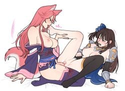 2girls animal_ears armored_boots artist_request blue_cape blue_eyes boots bow breasts breasts_out brown_hair cape ceri_(sakura_dungeon) commission commissioner_upload embarrassed fox_ears fox_girl fox_tail futa_with_female futanari gauntlets green_eyes hairbow highres holding_another's_leg japanese_clothes kimono licking licking_foot multiple_girls non-web_source pink_hair sakura_dungeon socks tail thighhighs trembling unworn_socks yomi_(sakura_dungeon)