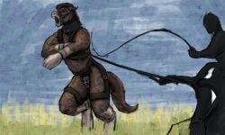 2022 5:3 abuse anthro brown_body brown_fur chastity_cage chastity_device closed_eyes collar colored day duo equid equine field fur genitals harness horse jeri_kleinlowe male mammal mostly_nude open_mouth outside pain penis silhouette sky slave tail teeth whipping