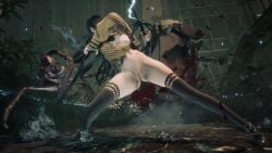 3d attack black_hair black_socks blood_splatter bottomless breasts high_heels long_hair looking_at_viewer monster pussy raven_(stellar_blade) revealing_clothes reverse_outfit screenshot serious_look stellar_blade stellarboi sweater sword thighhighs video_games yellow_sweater