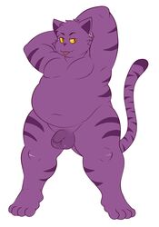 anthro balls belly big_belly cute_fangs eroborus feline flaccid front_view hi_res humanoid_penis leliel looking_at_viewer male mammal moobs navel nipples obese overweight overweight_male penis pinup plantigrade pose purple_balls raised_arm seductive simple_background small_penis solo solo_male standing tongue tongue_out uncut white_background