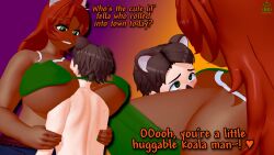 1boy 1girls 3d :3 barely_clothed blush brackets_guy cleavage cute dark_skin dialogue english_dialogue english_text female fox fox_ears fox_girl fox_tail green_eyes jeans long_hair male red_hair size_difference smile smothering tank_top terraria text thick_thighs wide_hips zoologist_(terraria)