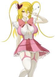 1girls big_breasts blonde_hair blush breasts cleavage don_quixote_(limbus_company) female female_only garter_belt garter_straps large_breasts limbus_company long_hair looking_at_viewer one_eye_closed pmlbtmlorlc project_moon queen_of_hatred skirt sleeveless thick_thighs thigh_highs tied_hair twintails underboob v white_background wink