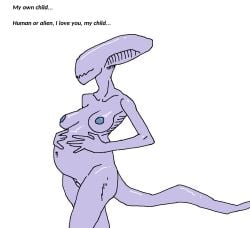 alien alien_(franchise) breasts ciircuit comic dialogue eyeless female genitals hand_on_belly non-mammal_breasts nude pregnant pregnant_female pussy solo tail text vulva xenomorph