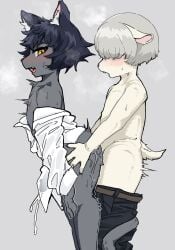 2025 anal anal_sex anthro belt biped black_hair blush bodily_fluids bodyguard_position bottomless bottomless_anthro bottomless_male bottomwear bottomwear_down bovid bowl_cut bulge caprine clothed clothing collared_shirt cum cum_while_penetrated cumshot detailed_bulge digital_drawing_(artwork) digital_media_(artwork) domestic_cat dress_shirt duo ejaculation fangs felid feline felis from_behind_position fur genital_fluids genital_outline grey_background grey_body grey_fur grey_hair hair havilaladlf hi_res hip_grab interspecies looking_back male male/male mammal mostly_nude mostly_nude_anthro mostly_nude_male obscured_eyes open_clothing open_mouth open_shirt open_topwear pants pants_down partially_clothed penetration penile penile_penetration penis_outline sex sheep shirt side_view simple_background slim slim_anthro slim_male standing standing_sex steam sweat tail_around_partner teeth thrust_lines thrusting tongue_showing topless topless_anthro topless_male topwear white_body white_fur yellow_eyes