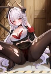 1girls admiral_zenker_(azur_lane) admiral_zenker_(fun_with...interrogations?)_(azur_lane) azur_lane black_choker black_horns black_jacket black_shoes black_skirt blush bra breasts choker cleavage closed_mouth clothes_lift commentary_request hair_intakes high_heels highres horns jacket katsushika_pachi long_hair long_sleeves looking_at_viewer multicolored_hair official_alternate_costume panties panties_under_pantyhose pantyhose pencil_skirt red_bra red_panties red_streaks shirt shoes skirt skirt_lift solo streaked_hair torn_clothes torn_pantyhose underwear white_hair