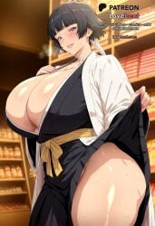 1girls ai_generated alternate_breast_size black_hair black_kimono bleach bleach:_sennen_kessen-hen bleach:_the_thousand-year_blood_war blunt_bangs blurry_background blush breasts cleavage clothes_lift gigantic_breasts grey_eyes haori huge_breasts indoors japanese_clothes kimono lifted_by_self long_hair long_sleeves looking_at_viewer lovehent nail_polish no_panties parted_lips pink_nails sash shiny_skin short_hair short_hair_with_long_locks skirt skirt_lift smile soifon solo standing sui-feng sweat thick_thighs thighs twintails