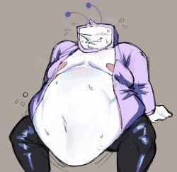 anatomically_incorrect black_legwear black_pants blush blush_lines breasts crt deltarune deltarune_chapter_3 fat fat_fetish fat_male larger_male male man_boobs man_breasts open_clothes open_shirt shiny_pants sweat sweating sweaty tenna_(deltarune) tv tv_head tv_screen