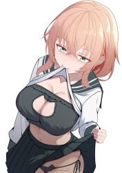1girls absurdres aqua_eyes black_bra black_panties black_skirt blonde_hair blue_eyes bra breasts cat_bra cat_cutout cat_ear_panties cat_lingerie cleavage cleavage_cutout closed_mouth clothes_lift clothing_cutout collarbone commentary cowboy_shot english_commentary green_bra green_panties green_sailor_collar green_skirt hair_between_eyes highres huge_breasts large_breasts lifting_own_clothes long_hair long_sleeves looking_ahead looking_at_viewer michinoku_komaro mouth_hold navel panties pleated_skirt sailor_collar school_uniform seitokai_ni_mo_ana_wa_aru! serafuku shirt shirt_in_mouth shirt_lift side-tie_panties simple_background skirt skirt_lift skirt_lifted_by_self smile solo stomach string_panties underwear white_background white_shirt xueli_shimazaki