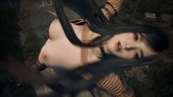 3d black_hair black_socks bottomless breasts long_hair looking_at_viewer raven_(stellar_blade) revealing_clothes reverse_outfit screenshot stellar_blade stellarboi sweater thighhighs video_games yellow_sweater