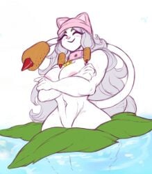 barely_contained_breasts barely_visible_nipples cat_ears cat_girl cat_tail cattail_(pvz) clawed_fingers claws closed_eyes closed_eyes_smile covering_breasts crossed_arms eljarochofeliz hourglass_figure large_breasts leaf long_hair muscular_female nude_female partially_clothed_female partially_submerged plant plant_girl plants_vs_zombies simple_background smiling tail thick_thighs third-party_edit water white_body