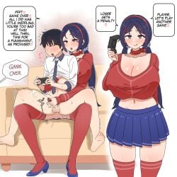 1boy 1girls alternate_breast_size bingdak blue_skirt blush choker cleavage couch cum ejaculation english_dialogue english_text faceless_male femdom game_controller handjob handjob_from_behind heels huge_breasts low_cut_top low_twintails malesub miside mita_(miside) navel projectile_cum purple_eyes purple_hair red_ribbon red_thighhighs sidelocks sitting_on_lap speech_bubble spoken_heart sweat tongue_out twintails