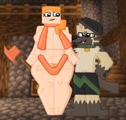 alex_(minecraft) axe beanie black_pawpads bottomwear breasts brown_body brown_fur canid canine canis clothing collar duo eyelashes eyewear female freckled_arms freckled_breasts freckled_chest freckled_face freckled_legs freckled_thighs freckles fur glasses green_eyes hair hat headgear headwear human lipstick long_hair makeup male mammal metal metal_clothing metal_collar metallic_clothing microsoft minecraft mojang orange_clothing orange_hair pawpads pubes shorts stripes_(zoyeensadart) stubble tan_body tan_fur teeth thong turquoise_lipstick underwear weapon wolf xbox_game_studios zoyeensadart