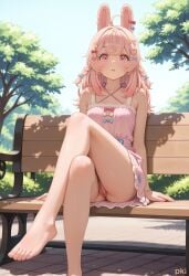 ahoge ai_generated animal_ears barefoot bench bow braid breasts crossed_legs dress earlgray26 explicit feet female foot_out_of_frame hair_ornament heart_hair_ornament legs long_hair looking_at_viewer no_panties outdoors park_bench phase_connect pink_dress pink_eyes pink_hair pipkin_pippa public_indecency pussy rabbit_ears rabbit_girl sitting solo toenails toes tree virtual_youtuber vtuber