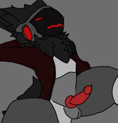 balls black_body black_fur clothing cybernetics cyborg esteban_(jau) fur genitals grey_body grey_fur jacket just-another-user knot leaning leaning_backward machine male male/male protogen red_eyes simple_background solo suit_jacket topwear