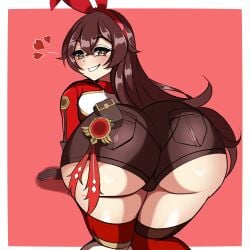 1girls all_fours amber_(genshin_impact) ass ass_focus bent_over big_ass brown_hair bubble_butt fat_ass female female_only genshin_impact huge_ass hyperrxgue large_ass long_hair looking_at_viewer looking_back smile solo thick_ass thick_thighs wide_hips