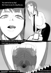 2023 bangs black_pants black_tie braided_ponytail chains chainsaw_man dominant_female domination dress_shirt female female_pred hair_bangs implied_vore licking_lips makima_(chainsaw_man) monochrome mouth_shot open_mouth oral_vore pov pov_prey pov_viewer predator predator/prey prey prey_pov saintshevron smiling smiling_at_viewer submissive_prey unkown_prey viewer_pov