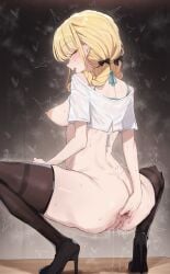 anal_fluid anus arched_back ass black_ribbon black_shoes black_thighhighs blonde_hair blush bottomless bra_strap braid breasts breasts_out censored clothes_lift crop_top dark_background fanged_bangs female from_behind fujita_kotone full_body gakuen_idolmaster hair_behind_ear hair_over_shoulder hair_ribbon half-closed_eyes high_heels highres idolmaster long_hair looking_at_viewer looking_back low_twin_braids median_furrow medium_breasts mosaic_censoring motion_lines narrowed_eyes nipples oerba_yun_fang off-shoulder_shirt off_shoulder open_mouth perky_breasts presenting presenting_anus profile puffy_nipples pussy pussy_juice pussy_juice_trail raised_eyebrows ribbon shirt shirt_lift shoes skin_fang smile solo sos_adult spread_anus spread_legs spreading_own_anus squatting steam steaming_body sweat swept_bangs thighhighs trembling twin_braids wet wet_clothes wet_shirt white_shirt wide_spread_legs yellow_eyes