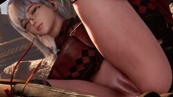 boots bow close-up clothing_cutout dress eve_(stellar_blade) female glasses lace-up_boots looking_at_viewer no_panties pussy reverse_outfit screenshot serious serious_expression silver_hair_female stellar_blade stellarboi thick_thighs thighhighs thighs upskirt video_games