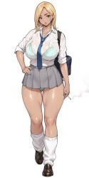 1girls ai-assisted aqua_bra aqua_panties bag blonde_hair blue_nails blue_necktie bra bra_visible_through_clothes breasts cigarette collarbone dark-skinned_female dark_skin full_body gyaru hand_on_own_hip highres holding holding_cigarette jewelry kogal large_breasts loafers long_hair looking_at_viewer loose_socks miniskirt mole mole_under_eye nail_polish nanabe_78 necklace necktie original panties parted_lips pleated_skirt school_bag school_uniform see-through_clothes shirt shoes shoulder_bag simple_background skirt socks solo thick_thighs thighs underwear wet wet_clothes wet_shirt white_background white_socks