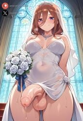 1futa ai_generated balls big_penis blue_eyes blush brown_hair clothing cock dickgirl erection futa_only futanari go-toubun_no_hanayome huge_cock light-skinned_futanari light_skin long_hair looking_at_viewer low-angle_view medium_breasts nakano_miku penis precum roxygtf solo standing sweat sweating sweaty_body