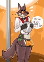 2025 anthro blush bow_tie bulge butler canid canine canis clothing countershading detailed_bulge dreamworks emanata embarrassed english_text genital_outline gloves gmomayonnaise handwear hi_res jockstrap male male_anthro mammal money mr._wolf_(the_bad_guys) penis penis_outline pole solo_focus speech_bubble strip_club stripper_pole tail text the_bad_guys underwear wolf