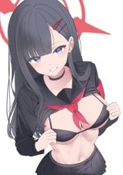 1girls absurdres bikini black_bikini black_choker black_hair black_shirt black_skirt blue_archive blue_eyes breasts choker cleavage clothes_lift collarbone grin hair_ornament hairclip halo highres ichika_(blue_archive) long_hair medium_breasts miniskirt navel neckerchief pleated_skirt red_halo red_neckerchief sailor_collar shirt shirt_lift simple_background skirt smile solo stomach straight_hair swimsuit unusually_open_eyes very_long_hair white_background xueli_shimazaki