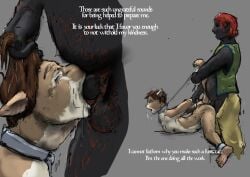 2022 anal anal_rape anthro balls big_dom_small_sub black_body bodily_fluids bondage bondage bottomwear bound brown_hair clothed clothing collar colored dominant drooling dunmer duo english_text erection felid forced genitals green_clothing green_topwear green_vest grey_background hair hair_grab jeri_kleinlowe khajiit male male/male mammal microsoft nude nude_male open_bottomwear open_clothing open_pants oral oral_rape pants penis raised_tail rape red_hair saliva sex simple_background size_difference tail text the_elder_scrolls topwear touching_hair vest white_text