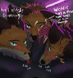 anthro blush bodily_fluids canid canine canis cum cum_on_face dialogue first_person_view foursome fox genital_fluids genitals group group_sex hi_res licking male male/male mammal neon_lights oral penile penis penis_lick sex slyfoxyboy tongue top_pov wolf
