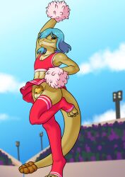 3_toes absurd_res anthro balls beaverbastard black_sclera blue_hair bottomwear chastity_cage chastity_device cheerleader cheerleader_outfit claws clothed clothing crossdressing crossdressing_male feet femboy football_field footwear genitals gold_(metal) gold_chastity_cage gold_chastity_device green_eyes hair hi_res male marr_(phantomotc) midriff navel no_shoes no_underwear pit_viper pom_poms public public_exposure pupils rattle_(anatomy) rattlesnake reptile scalie skirt slit_pupils snake socks solo stadium toe_claws toeless_footwear toeless_legwear toeless_socks toeless_stockings toeless_thigh_highs toes viper wearing_chastity_cage wearing_chastity_device