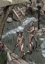 2022 anthro colored detailed_background felid flaccid fur genitals group hair hi_res jeri_kleinlowe khajiit male male/male mammal microsoft nude nude_male orange_body orange_fur outside penis puddle raining size_difference slave tail the_elder_scrolls trio