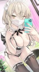 1girls apron bikini black_shrug blonde_hair bow bowtie breasts brown_thighhighs cellphone cleavage cowboy_shot eyes_visible_through_hair frilled_bikini frilled_shirt_collar frilled_thighhighs frills hands_up highres holding holding_phone large_breasts leaning_forward long_hair looking_at_viewer low_twintails maid maid_bikini maid_headdress mask mouth_mask nail_polish original peragura phone pink_nails pink_pupils short_sleeves shrug_(clothing) side-tie_bikini_bottom smartphone solo standing string_bikini swimsuit thighhighs thighs twintails unconventional_maid very_long_hair waist_apron yellow_eyes