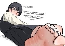 angry chainsaw_man dialogue english english_text feet feet_focus foot_fetish foot_focus laying_on_bed looking_at_viewer mitaka_asa province_(artist) sweat sweaty_feet text