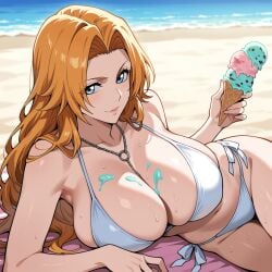1girls ai_generated beach bikini bleach blonde_female blonde_hair blue_eyes breasts female female_only huge_breasts ice_cream light-skinned_female long_hair matsumoto_rangiku orange_hair sand seaside solo towel water white_bikini