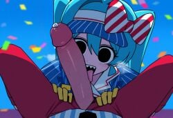 ai_generated blue_hair futanari hatsune_miku intersex kasane_teto large_penis licking_penis male mesmerizer_(vocaloid) mesmerizer_miku mesmerizer_teto oral outside penis penis_on_face precum precum_bubble precum_drip sharp_teeth tongue_out