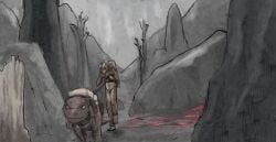 2022 anthro backpack balls bound chained chained_to_animal chains cloud colored duo felid feral flaccid fur genitals harness jeri_kleinlowe khajiit male mammal microsoft mountain nude nude_male outside penis rock slave species_request tail the_elder_scrolls walking