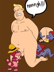 4_toes anthro ass backsack balls ballsack belly bent_down bent_legs big_belly big_butt biped black_nose blonde_hair bodily_fluids brown_background butt_lick canid canine canis cheek_tuft chin_tuft clenched_teeth closed_eyes clothing colored coyote crouching cum cum_in_mouth cum_inside curling_tail digital_drawing_(artwork) digital_media_(artwork) doc_croc_(simsala_grimm) ejaculation erection eyewear facial_tuft featureless_feet feet fool's_hat fur genital_fluids genitals glasses grass group grunting hair hat headgear headwear hi_res human humanoid_genitalia humanoid_penis janemj licking looking_pleasured male male/male mammal multicolored_body multicolored_fur navel nipples nude nude_human open_mouth outside overweight overweight_human overweight_male paws pecs penis pink_body pink_scales plant purple_body purple_fur rear_view red_body red_clothing red_hat red_headwear red_scales reptile scales scalie scrunchy_face simple_background simsala_grimm speech_bubble striped_body striped_scales stripes tail tailless teeth the_emperor's_new_clothes thick_tail toes tongue tongue_out trio tuft two_tone_body two_tone_fur white_sclera yellow_clothing yellow_hat yellow_headwear yoyo_(simsala_grimm)