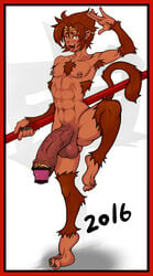 1boy bar_censor body_hair boner erection kemonomimi male male_only nipple_piercing nude penis ruyi_jingu_bang soil_(artist) solo solo_male sun_wukong tanned testicles