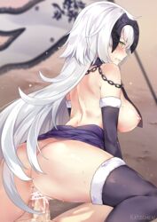 1boy anus artist_name ass back bare_shoulders black_gloves black_legwear blush bottomless breasts censored chains clenched_teeth cum cum_in_pussy elbow_gloves fate/grand_order fate_(series) female flag fur-trimmed_gloves fur-trimmed_legwear fur_trim gloves headpiece hips jeanne_alter kaetzchen large_breasts long_hair looking_back nipples penis pussy sex sideboob silver_hair skirt skirt_lift straddling teeth thighs very_long_hair waist yellow_eyes